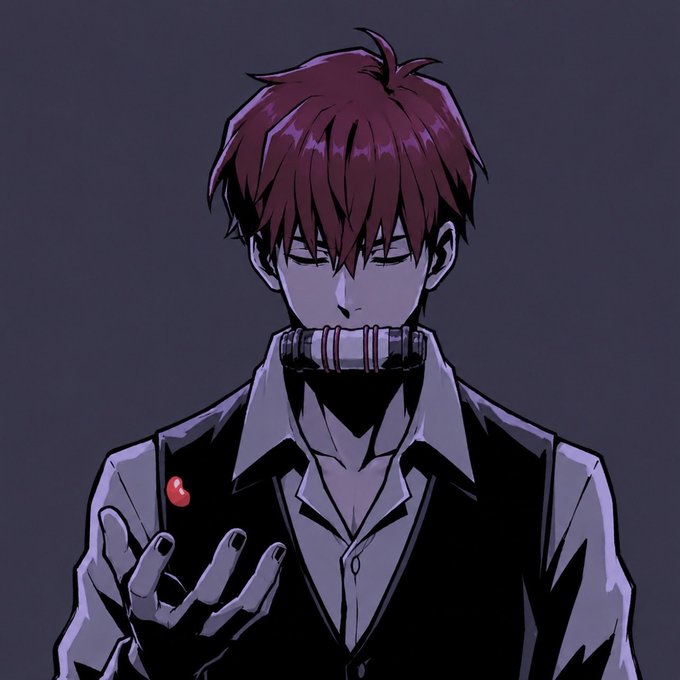An anime-style illustration of a red-haired young man in a white shirt and dark vest holding a small red object, with a device around his neck.