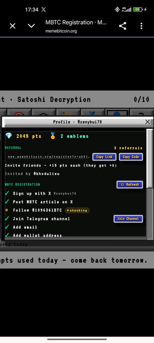 A mobile screenshot of a website at 'memebticoin.org' with a 'MBTC Registration' popup showing a profile for '8zenybui78' with tasks like 'Sign up with X' and 'Follow @1054641BTC' partially completed.