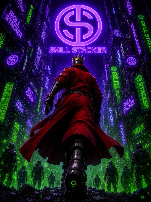 A dark, cyberpunk-style promotional image for 'Skill Stacker' featuring a crowned figure in a red cape viewed from behind, surrounded by green digital rain and repeated Skill Stacker logos.