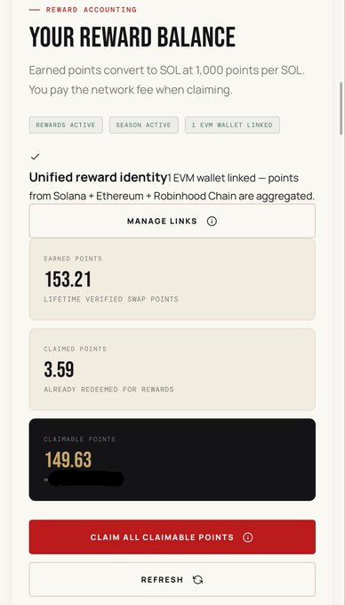 A mobile app screenshot showing a 'YOUR REWARD BALANCE' screen with 153.21 earned points, 3.59 claimed points, and 149.63 claimable points, including options to claim points and manage links.