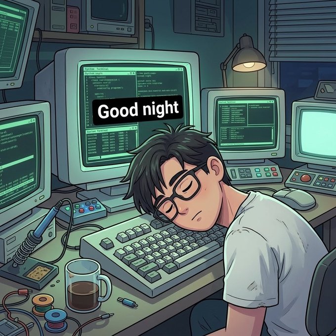 The image features a man sleeping at his desk with multiple computer monitors behind him. The scene includes a keyboard, mouse, and cup of coffee placed next to the man's head. There are also two TVs visible in the background. The image seems to be related to a post about good night or something similar, as it is titled "Good night everyone One thing I’ve noticed lately is that the most impactful projects aren't necessarily adding more complexity. They're removing it." This suggests that the man's work on computers might have a positive impact by simplifying tasks and making them more accessible to others. The image could be interpreted as an illustration of how technology can help people achieve better sleep or relaxation, given the presence of multiple screens in front of him.
