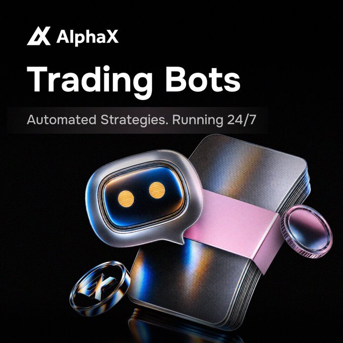 An advertisement for 'AlphaX Trading Bots' featuring a 3D rendered robot/chatbot character with a stack of cash wrapped in a pink band, with the tagline 'Automated Strategies. Running 24/7'.