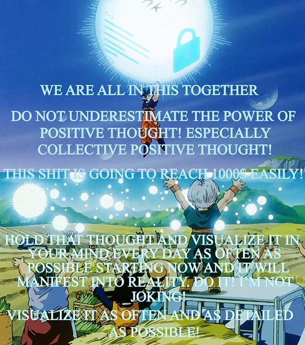 A Dragon Ball Z image showing Goku holding up a glowing energy sphere, overlaid with text promoting collective positive thought and visualization, including "WE ARE ALL IN THIS TOGETHER," "DO NOT UNDERESTIMATE THE POWER OF POSITIVE THOUGHT! ESPECIALLY COLLECTIVE POSITIVE THOUGHT!," and "THIS SHIT IS GOING TO REACH 1000S EASILY!"—paired with a post about Jordan sharing "$LINK content," the image appears to function as a meme encouraging bullish collective sentiment toward $LINK reaching new highs.