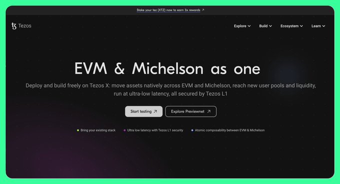A Tezos X promotional webpage with the headline 'EVM & Michelson as one' announces native asset movement across EVM and Michelson with ultra-low latency secured by Tezos L1.