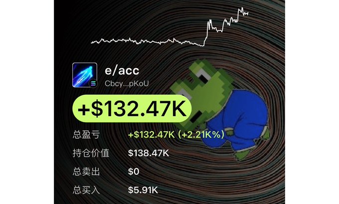 A crypto trading portfolio screen shows the 'e/acc' wallet address with a total profit of +$132.47K (+2.21K%), a portfolio value of $138.47K, featuring a Pepe the Frog meme graphic and an upward price chart in the background.
