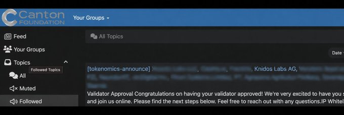 The image shows a Canton Foundation forum interface with a "Validator Approval Congratulations" message visible, indicating that Knidos Labs AG has had their validator approved on the Canton Network. This visually confirms the post's announcement about their validator getting approved and joining the institutional-grade Canton Network where major financial institutions settle transactions daily.