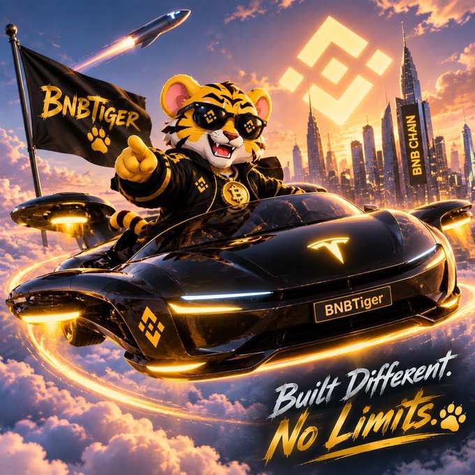 A promotional graphic featuring a tiger mascot wearing sunglasses riding a futuristic black car labeled 'BNBTiger' with a flag, set against a city skyline, with the text 'Built Different. No Limits.'