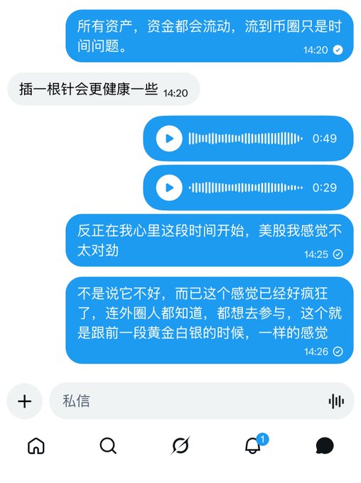 A Chinese social media chat screenshot showing messages about US stocks (美股) feeling crazy and similar to a gold/silver bull market, with two voice messages and timestamps.