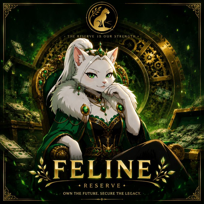 Crypto project artwork for 'FELINE RESERVE' depicting an anthropomorphic white cat in green royal attire with the tagline 'The Reserve is Our Strength' and 'Own the Future, Secure the Legacy'.