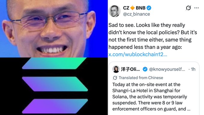 The image shows a tweet from CZ BNB (@cz_binance), founder of the cryptocurrency exchange Binance, featuring his profile photo and responding to news about a Solana event in Shanghai being suspended by police. In his tweet, CZ writes "Sad to see. Looks like they really didn't know the local policies? But it's not the first time either, same thing happened less than a year ago," while quoting a user report about 8-9 law enforcement officers shutting down the Solana event at the Shangri-La Hotel in Shanghai—commenting on Solana's apparent lack of awareness regarding Chinese local policies, referencing a previous similar incident in Shenzhen.