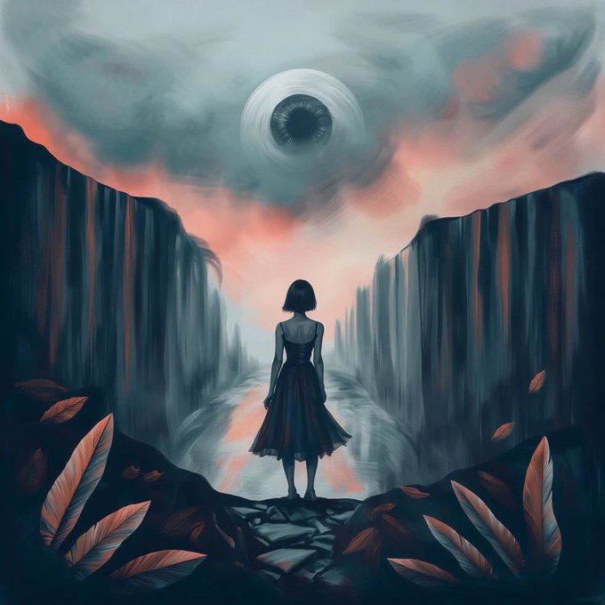 A solitary figure with a bob haircut stands on a rocky path in a misty canyon, gazing up at a large eye in the sky, surrounded by orange-toned feathers—evoking the haunting, surreal theme of "The Lost Gaze" NFT collection.