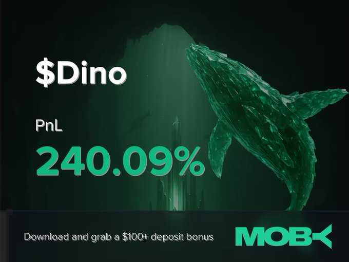 This image celebrates a successful trade on Moby Mobile, showcasing a 240.09% PnL on $Dino. The visual of a whale swimming in the deep sea likely symbolizes a "whale" trader or a significant profit, correlating with the text about the $Dino token's increasing market cap.