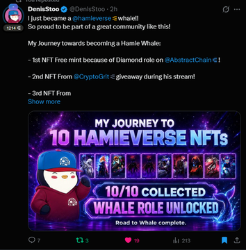 A Twitter/X post from DenisSto (@DenisStoo) celebrating becoming a Hamie Whale with text 'MY JOURNEY TO 10 HAMIEVERSE NFTs' and '10/10 COLLECTED WHALE ROLE UNLOCKED'.