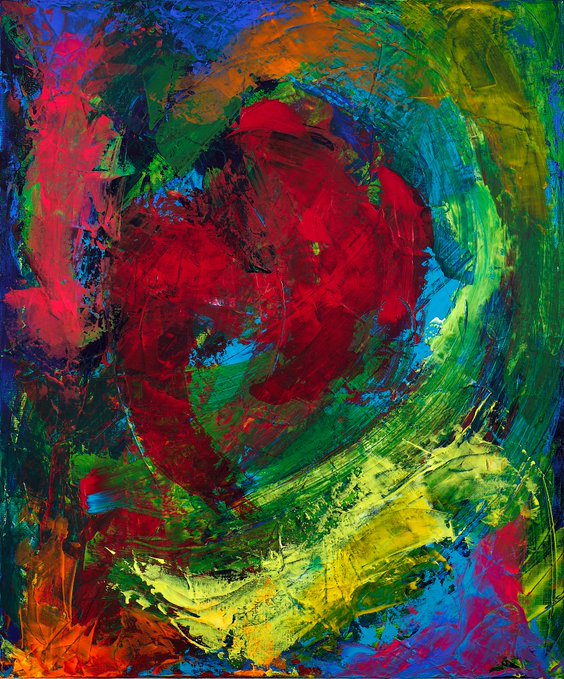 An abstract expressionist painting featuring a vibrant, textured composition of bold red, green, blue, yellow, and orange brushstrokes.
