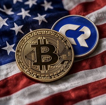 A gold Bitcoin coin and a blue Ripple (XRP) token rest on an American flag, symbolizing the intersection of U.S. cryptocurrency regulation and digital assets as referenced in the accompanying post about the SEC's post-CLARITY Act regulatory approach.