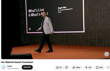 A YouTube livestream screenshot titled 'Arc Mainnet launch livestream' showing a presenter on stage next to a slide reading 'What's Live & What's Next' and 'Cooper Webb', from product management at Arc.