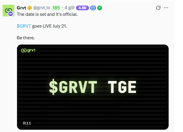 Tweet from Grvt (@grvt_io) announcing '$GRVT goes LIVE July 21' with text 'The date is set and it's official' and a video thumbnail reading '$GRVT TGE'.