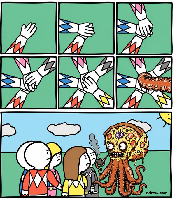 A comic strip showing hands joining together to form a Power Rangers-style pose, but instead of a giant robot, a pepperoni pizza monster with a cyclops eye and tentacles appears, with characters below looking on in shock; credited to ndrtw.com.