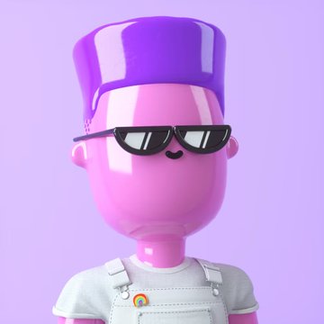 A pink stylized 3D character wearing black sunglasses, a purple cap, and white overalls on a light purple background.