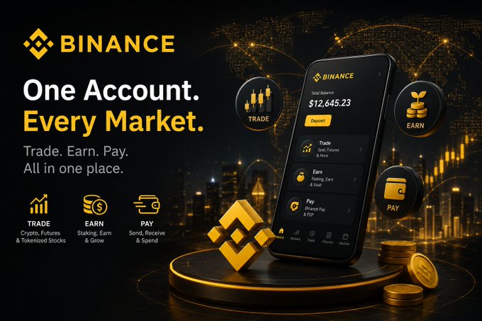 A Binance promotional graphic displays 'One Account. Every Market. Trade. Earn. Pay. All in one place.' showing a smartphone interface with a balance of $12,645.23 and icons representing Trade, Earn, and Pay features against a city skyline background.
