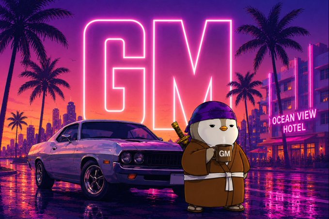 Vibrant synthwave-style illustration featuring a large neon "GM" (Good Morning) sign, a penguin character wearing a robe and bandana holding a "GM" mug, alongside a classic muscle car, palm trees, and a retro "OCEAN VIEW HOTEL" against a purple sunset cityscape.