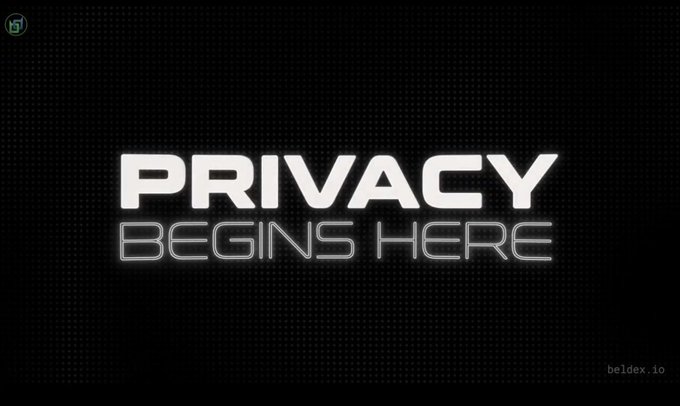 Black background with bold white text reading 'PRIVACY BEGINS HERE' and a small 'beldex.io' watermark in the bottom right corner.