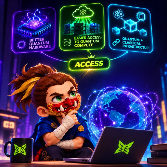 A vibrant digital illustration of a fierce-looking cartoon character with a red oni mask, sitting at a laptop with a green butterfly logo, surrounded by neon graphics advertising 'Better Quantum Hardware,' 'Easier Access to Quantum Compute,' and 'Quantum + Classical Infrastructure.'