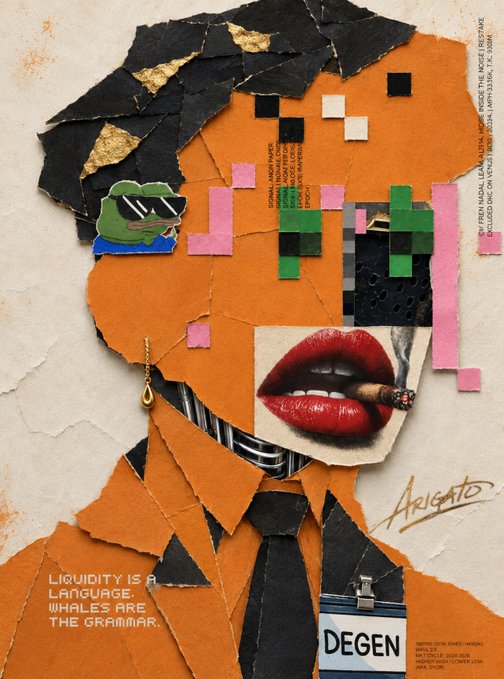 A collage-style portrait featuring a Pepe frog with sunglasses, a red-lipsticked mouth with a cigar, and the text 'LIQUIDITY IS A LANGUAGE. WHALES ARE THE GRAMMAR.' with the word 'DEGEN' visible.