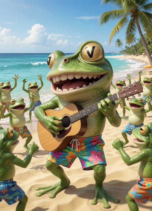 The image features a cartoon frog dressed in colorful shorts, holding a guitar and playing music for a group of other frogs standing around him on a beach. The background includes palm trees and the ocean, creating a tropical atmosphere. The caption "#crypto #solana" is present but does not seem to have any direct connection with the image or its content.