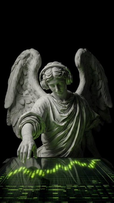 A stone statue of an angel wearing headphones with large wings, touching a glowing green digital trading chart and audio visualizer display against a black background.