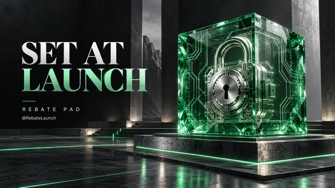 A promotional graphic for the Rebate launch shows a glowing green transparent cube with a circular lock or vault mechanism inside. Large text reads “SET AT LAUNCH,” with “REBATE PAD” and “@RebateLaunch” below.