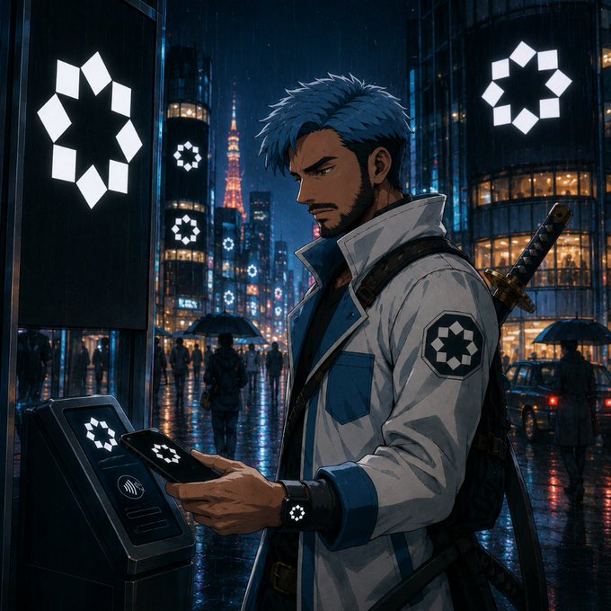 An anime-style illustration of a blue-haired man in a white coat using a smartphone at an electronic kiosk, with Tokyo Tower and modern skyscrapers visible in the rainy, neon-lit background.