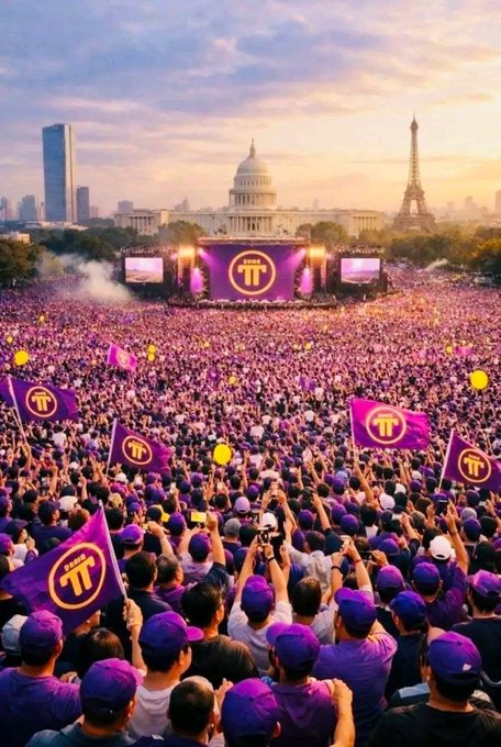 The image shows a massive crowd of people wearing purple, holding purple flags branded with the Pi Network logo, gathered before a stage in front of the U.S. Capitol and Eiffel Tower—a clear visual representation of the rapid, global community growth surrounding the Pi Network. Supporting the post's message about an imminent shift in the crypto space, the image evokes the scale and enthusiasm of supporters rallying behind #PiNetwork, suggesting the project's momentum is building toward a breakthrough event.