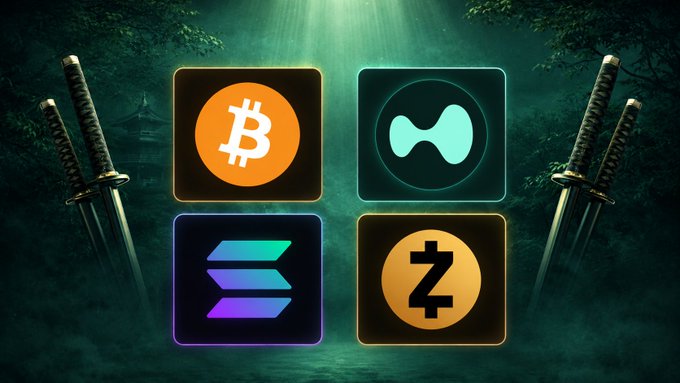 Four cryptocurrency logos—Bitcoin ($BTC), Hyperliquid ($HYPE), Solana ($SOL), and Zcash ($ZEC)—are displayed against a mystical forest backdrop framed by samurai swords, visually representing the poster's "top 4 holdings" lineup with a bold, battle-ready aesthetic.