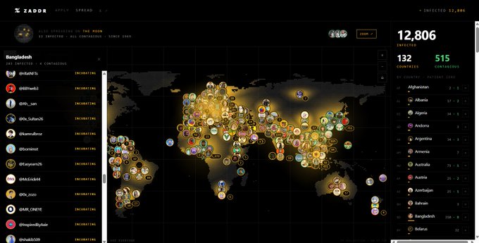 A screenshot of the ZAPPR analytics dashboard showing a world map with agent distribution points and a leaderboard for Bangladesh, displaying 12,806 agents and 515 countries.
