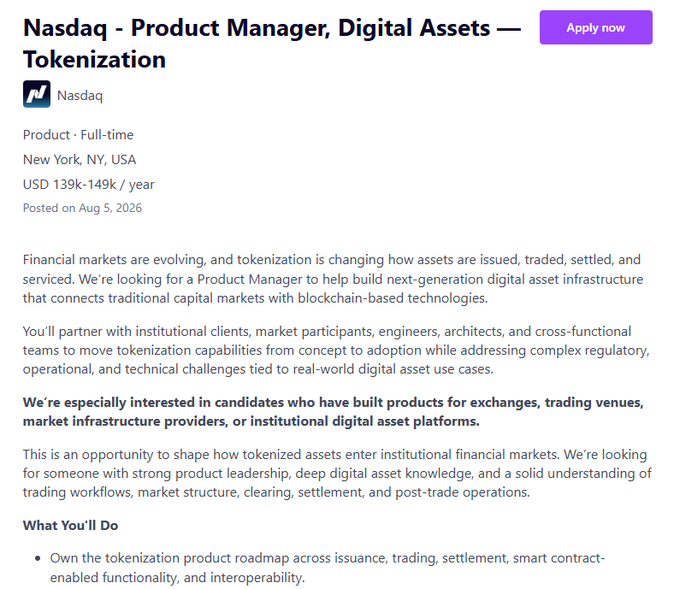 A job posting for 'Nasdaq - Product Manager, Digital Assets — Tokenization' offering a salary of 'USD 139k-149k / year'.