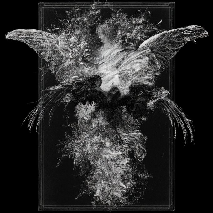 A dark, ethereal black-and-white illustration of a phoenix-like bird with outstretched wings, rising from swirling smoke and flame against a black background framed by an ornate border, symbolizes rebirth and the transformation of dormant assets into renewed value—mirroring the post's message about idle compute being revived as revenue-generating validators through the Telegraph network.