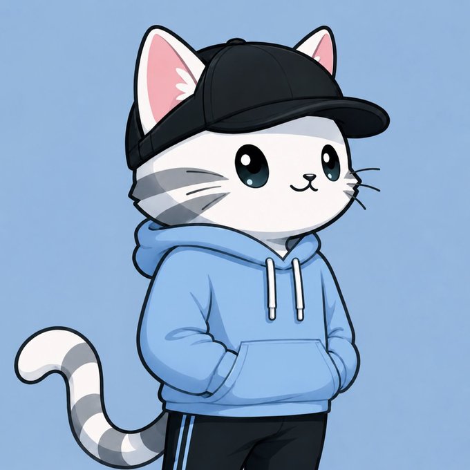 An animated cartoon cat character wearing a black cap, blue hoodie, and dark pants, standing against a light blue background.