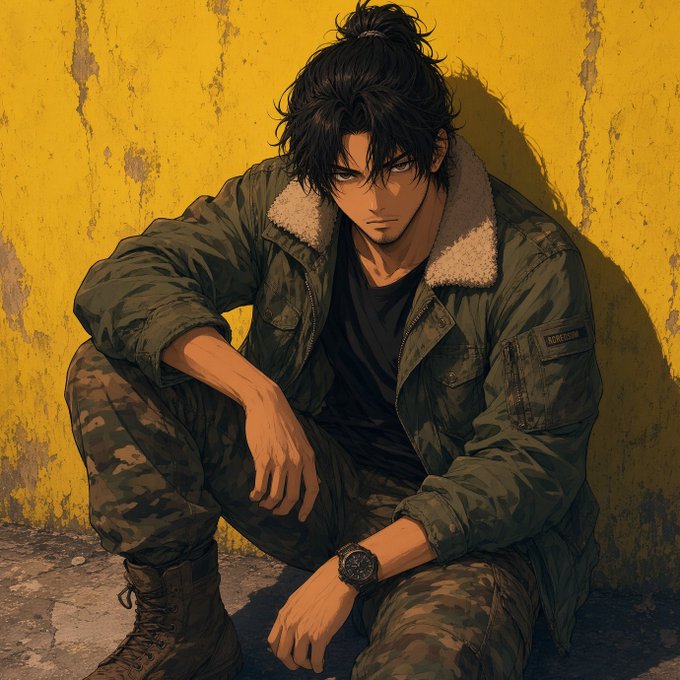 An anime-style illustration of a dark-haired man in military camouflage and a shearling jacket crouching against a weathered yellow wall.