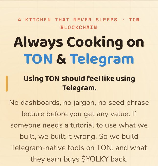 A promotional graphic with the text 'A KITCHEN THAT NEVER SLEEPS • TON BLOCKCHAIN' and the headline 'Always Cooking on TON & Telegram', explaining that their tools are built to feel like using Telegram natively.