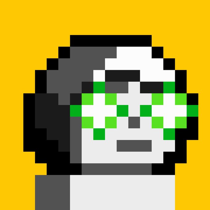A pixel art character with dark hair and green pixelated glasses/goggles set against a solid yellow background.