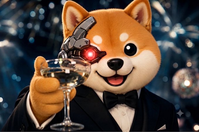A cyborg Shiba Inu wearing a black tuxedo and bow tie raises a champagne glass in a toast, featuring a metallic mechanical eye against a festive backdrop of disco balls and sparkling lights.