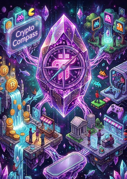 The image depicts a vibrant, fantasy-style illustration featuring a large purple crystalline compass at its center, surrounded by floating islands with cryptocurrency motifs, Bitcoin symbols, gaming consoles, arcade machines, and small characters interacting with DeFi elements like token swaps and liquidity pools. The text "Crypto Compass" appears in the top left corner, visually representing the navigational guide theme of Pi DeFi's Testnet launch, where Pioneers explore token swaps, liquidity pools, ecosystem tokens, and real-world use cases.
