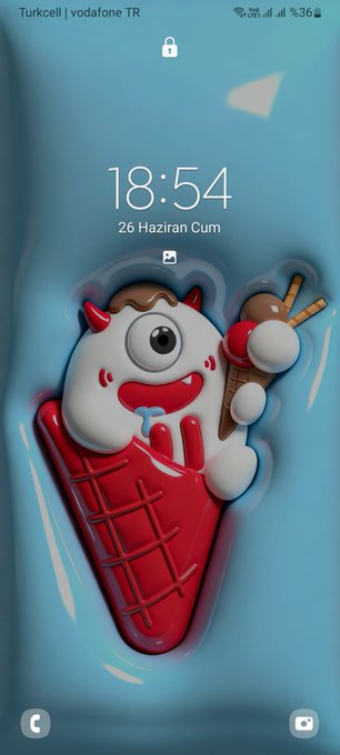 A smartphone lock screen displays the time "18:54" and date "26 Haziran Cum" (Friday, June 26) over a 3D wallpaper featuring a cute white devil character with red horns licking a red ice cream cone on a blue background. This perfectly matches the post's promotion of a new 3D wallpaper series with high-resolution "#TRON Bull" designs meant to refresh phone screens with a unique dimensional look.