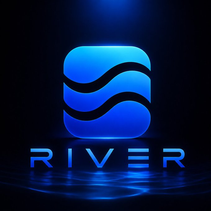 A glowing blue 3D logo featuring a stylized 'S' wave design above the text 'RIVER' against a dark reflective background.