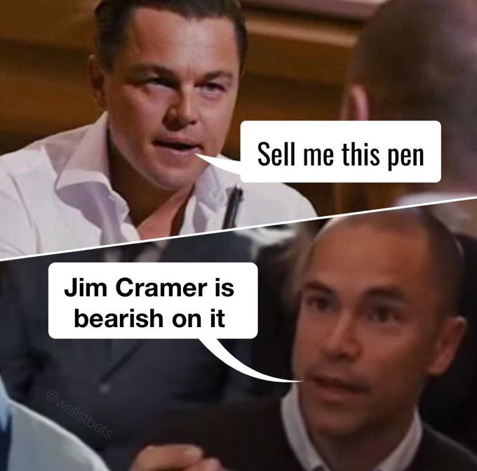 A meme referencing the film 'The Wolf of Wall Street' featuring Leonardo DiCaprio saying 'Sell me this pen' and another character responding 'Jim Cramer is bearish on it'.