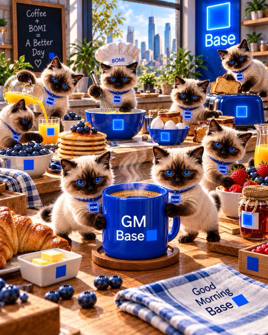A vertical version of the 'Coffee + BOMI A Better Day' illustration showing the Siamese cats gathered around the blue 'GM Base' mug in a sunlit kitchen with breakfast items.