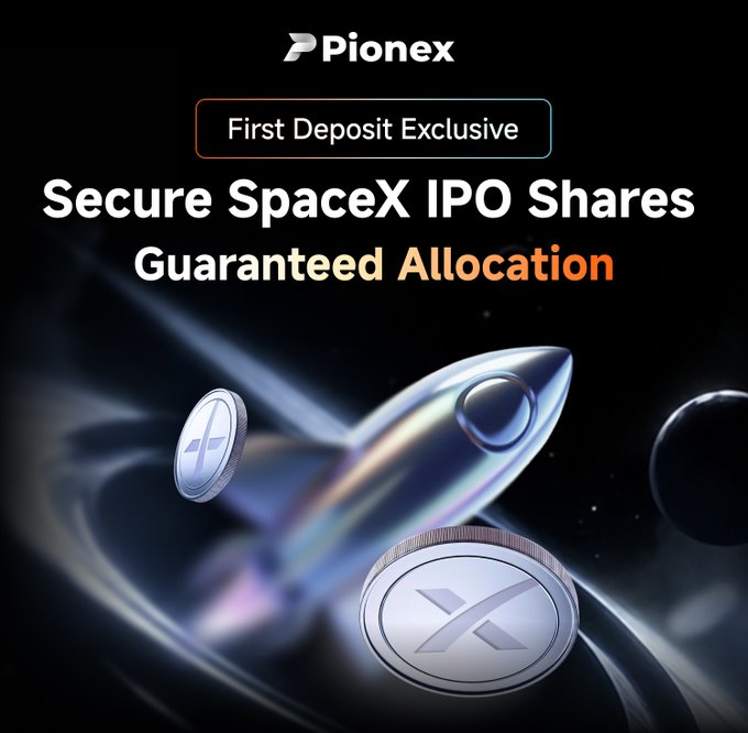 The image is an advertisement for Pionex, a cryptocurrency exchange platform that offers a "First Deposit Exclusive" deal. The image features two coins floating near planets against a black backdrop with white stars scattered throughout. In the center of the image, there are text that reads "Security Spacex IPO Shares Guaranteed Allocation". This advertisement suggests that users should pay $SPCX to acquire some digital assets or tokens from Pionex's Exchange platform. The offer seems appealing as it provides access to new, potentially valuable coins at a discounted price compared to typical crypto exchanges.