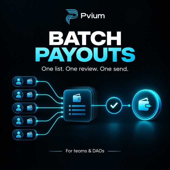 A promotional graphic for 'Pvium BATCH PAYOUTS' with the tagline 'One list. One review. One send.' and 'For teams & DAOs'.
