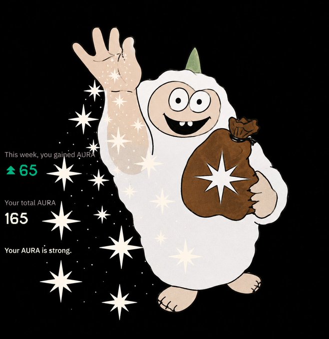 The image features a cartoon character, likely a white monster or troll, holding a brown bag with a star design on it. The character appears to be waving at the camera while standing against a black background adorned with numerous stars. In the top left corner of the image, there is text that reads "This week you gained aura".